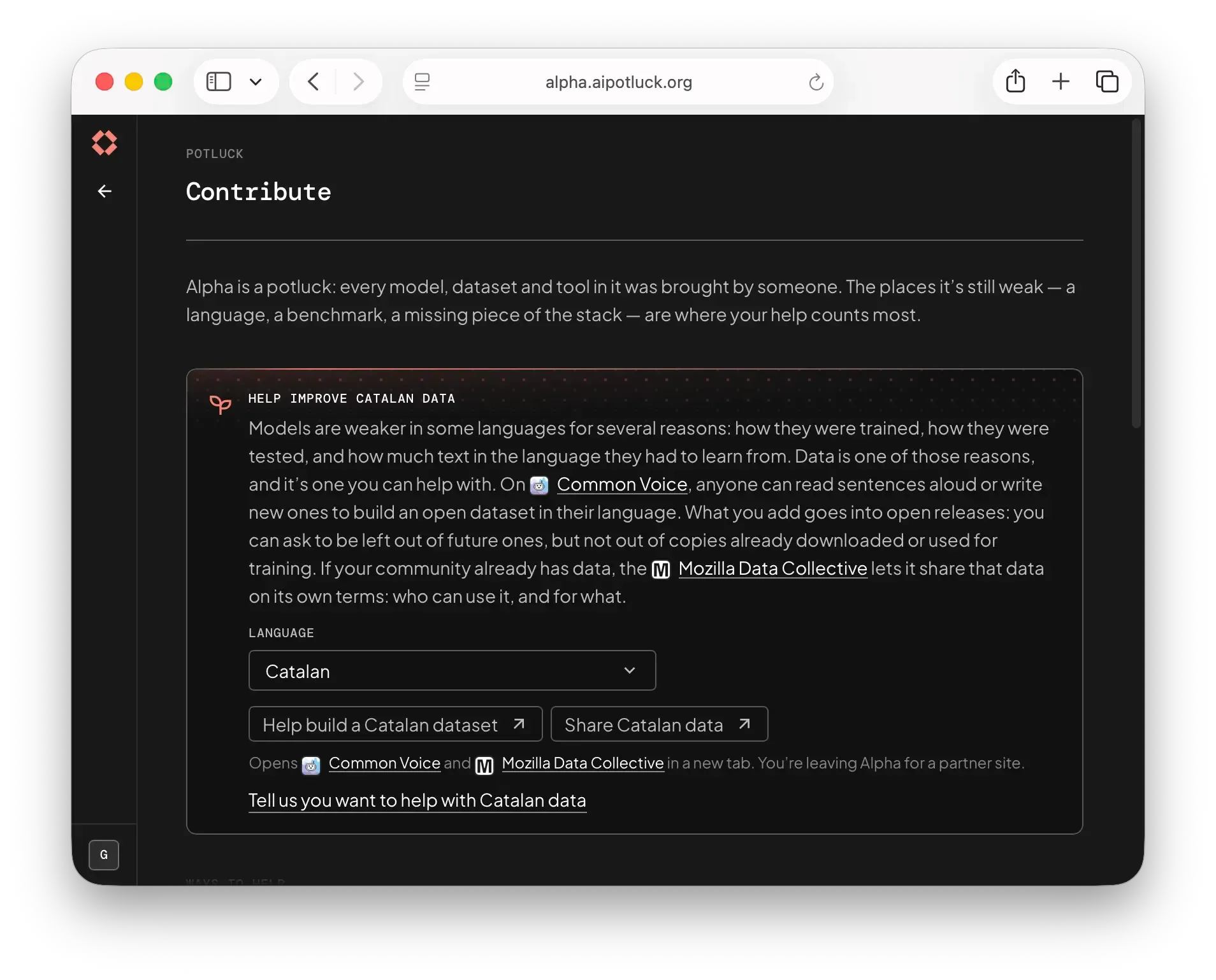 Screenshot of contribution page in Alpha