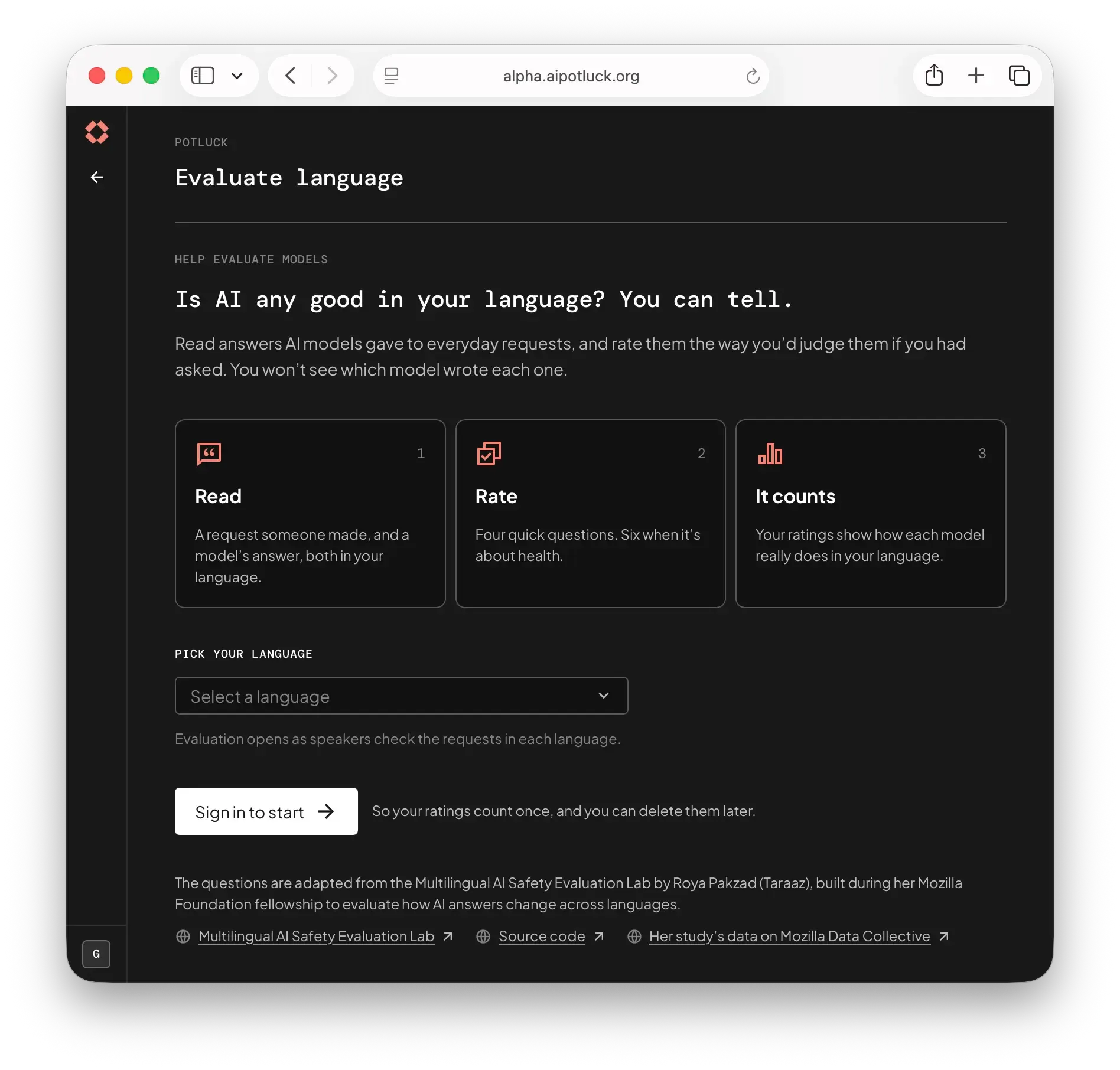 Screenshot of the multilingual evaluation tool in AI Potluck's Alpha v0.2 release